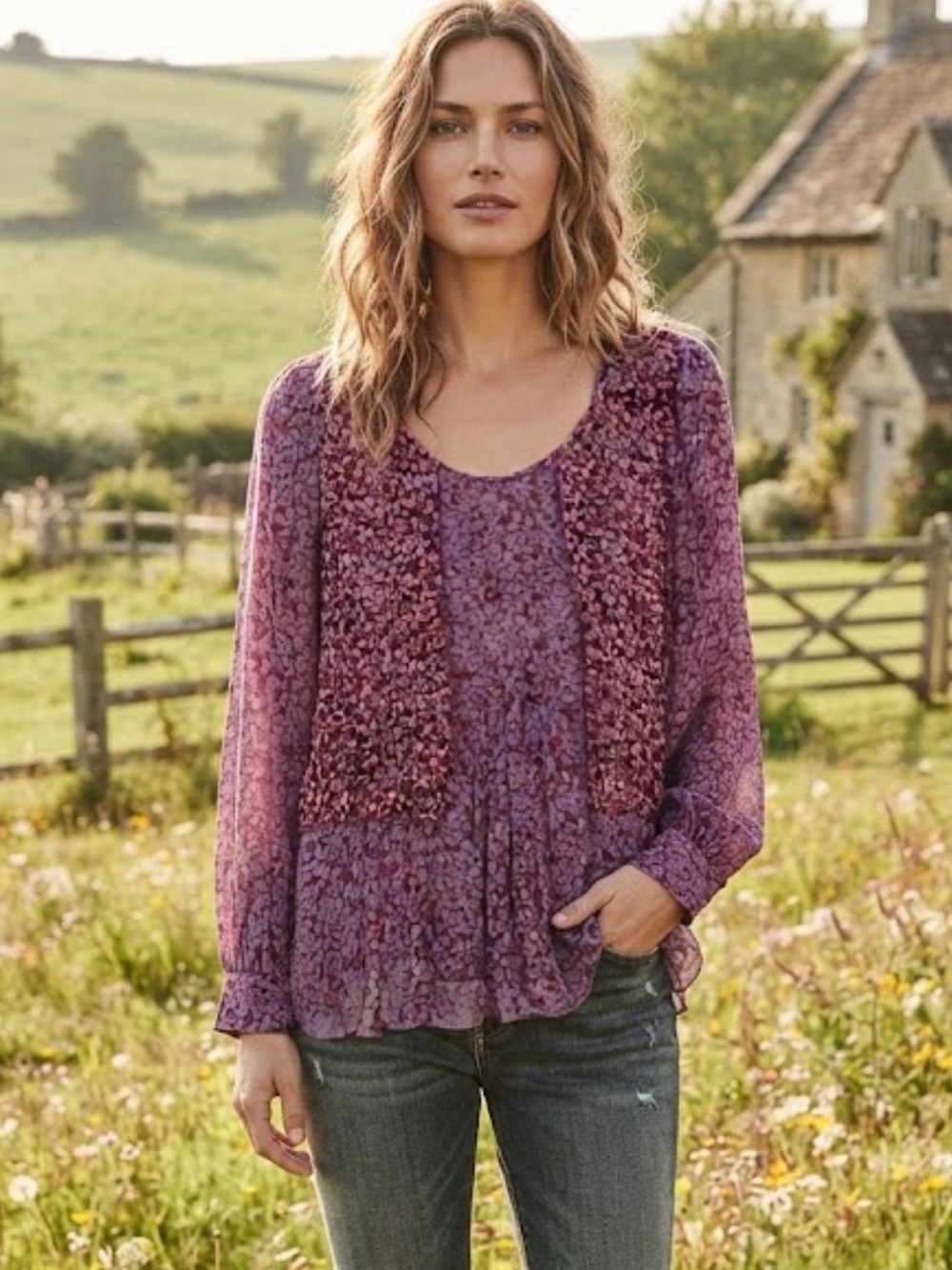 NWOT CAbi silk purple pink pattern boho peasant flowy blouse